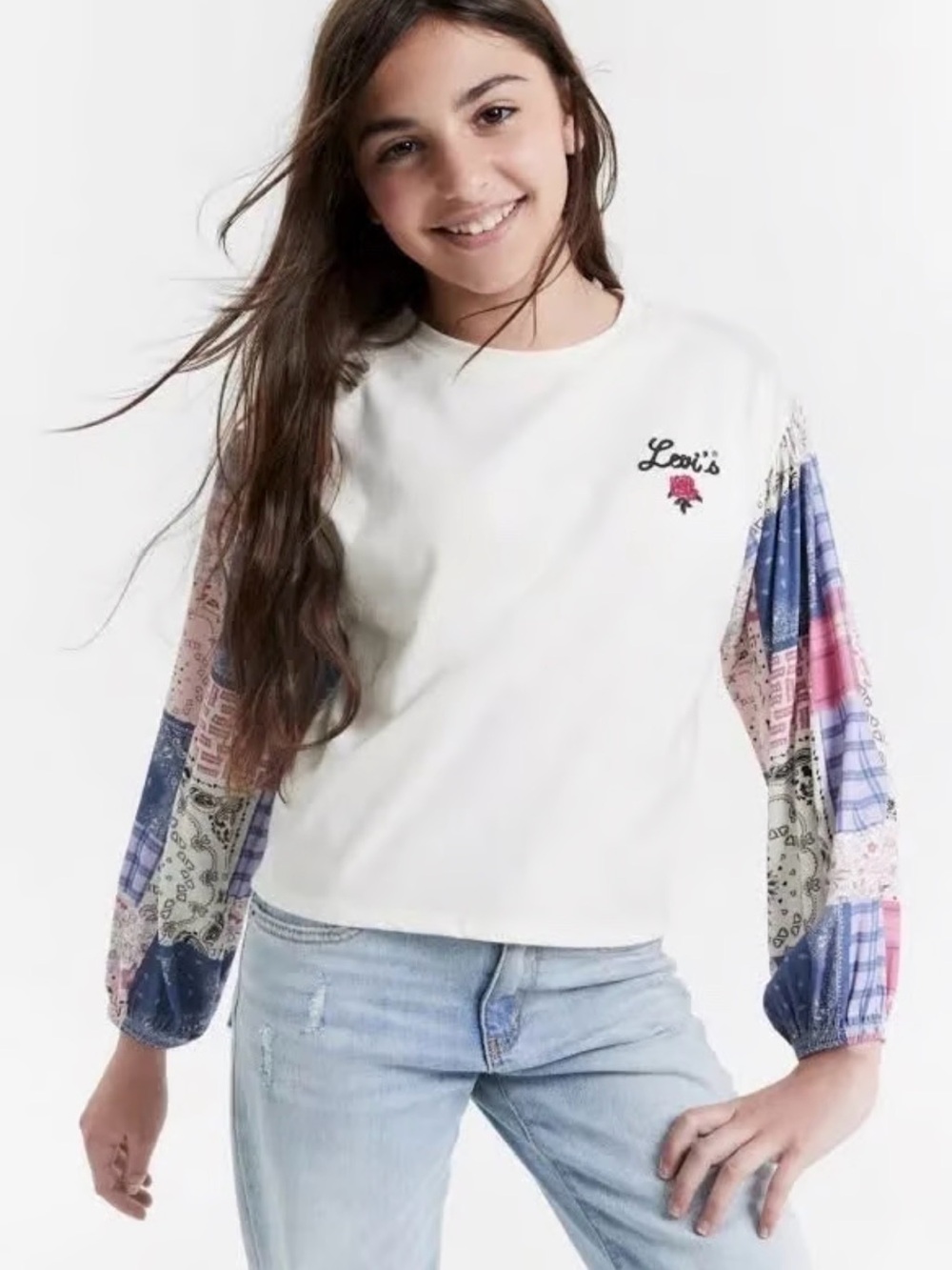 Levi's White Pullover with Pink & Blue Patchwork Sleeves
